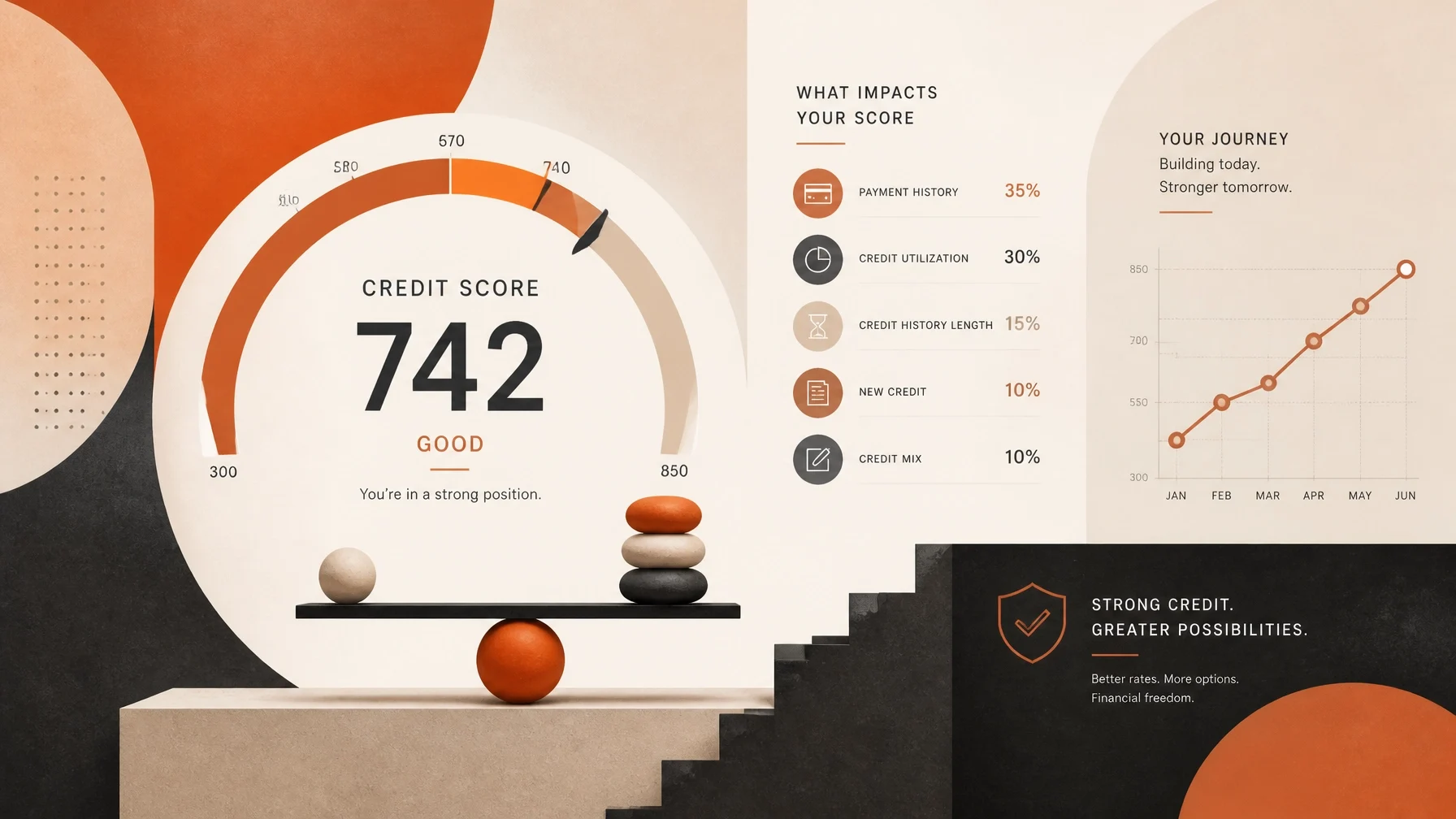 Infographic explaining the factors that affect your credit score, including payment history, credit utilization, credit history, new credit, and credit mix for better mortgage qualification.