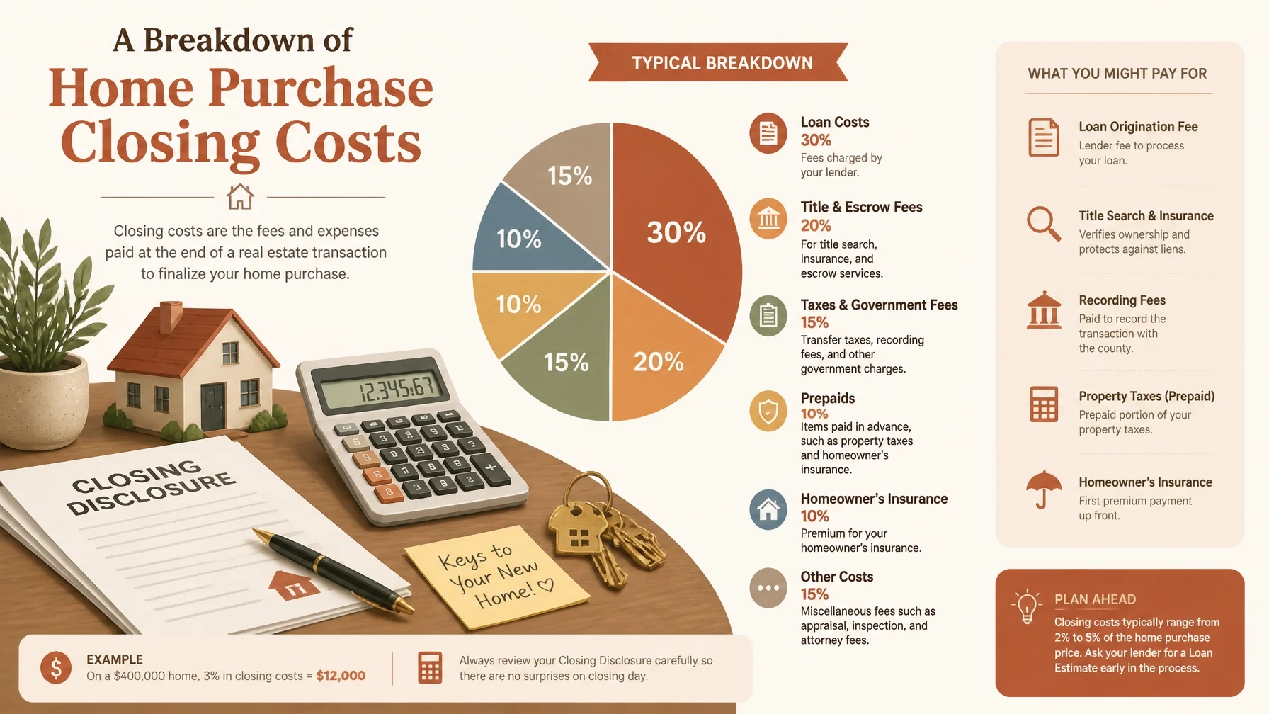 Infographic breaking down home purchase closing costs, including lender fees, title and escrow fees, prepaid taxes, homeowners insurance, and other closing expenses.