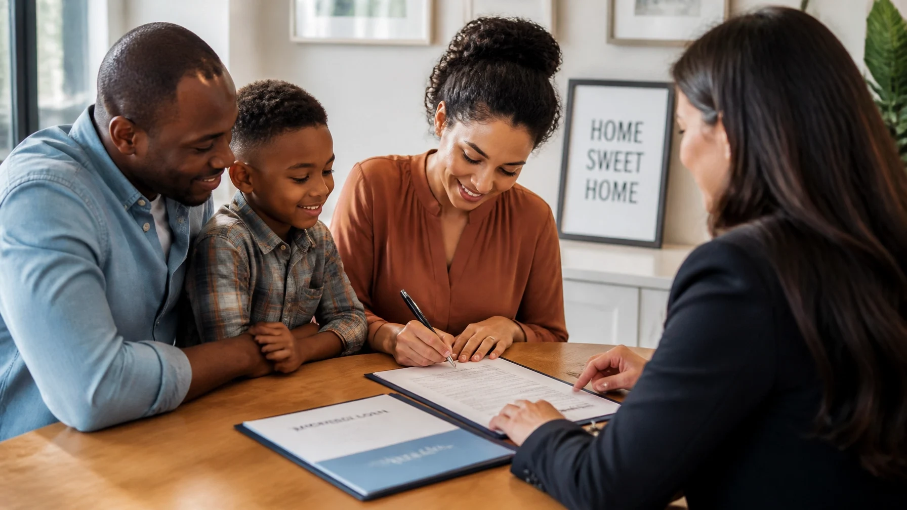 Happy family signing mortgage documents with a loan officer at a home closing, symbolizing the home buying process, mortgage approval, and new home ownership.