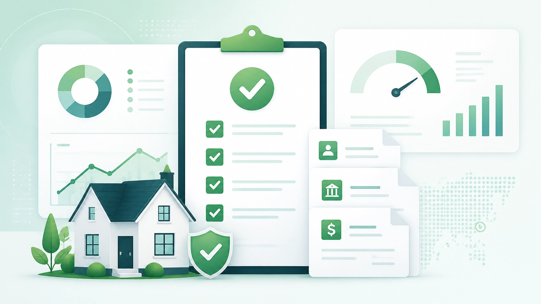 Illustration of a home with mortgage approval checklist, loan documents, financial charts, and credit score dashboard representing the home loan application and mortgage approval process.