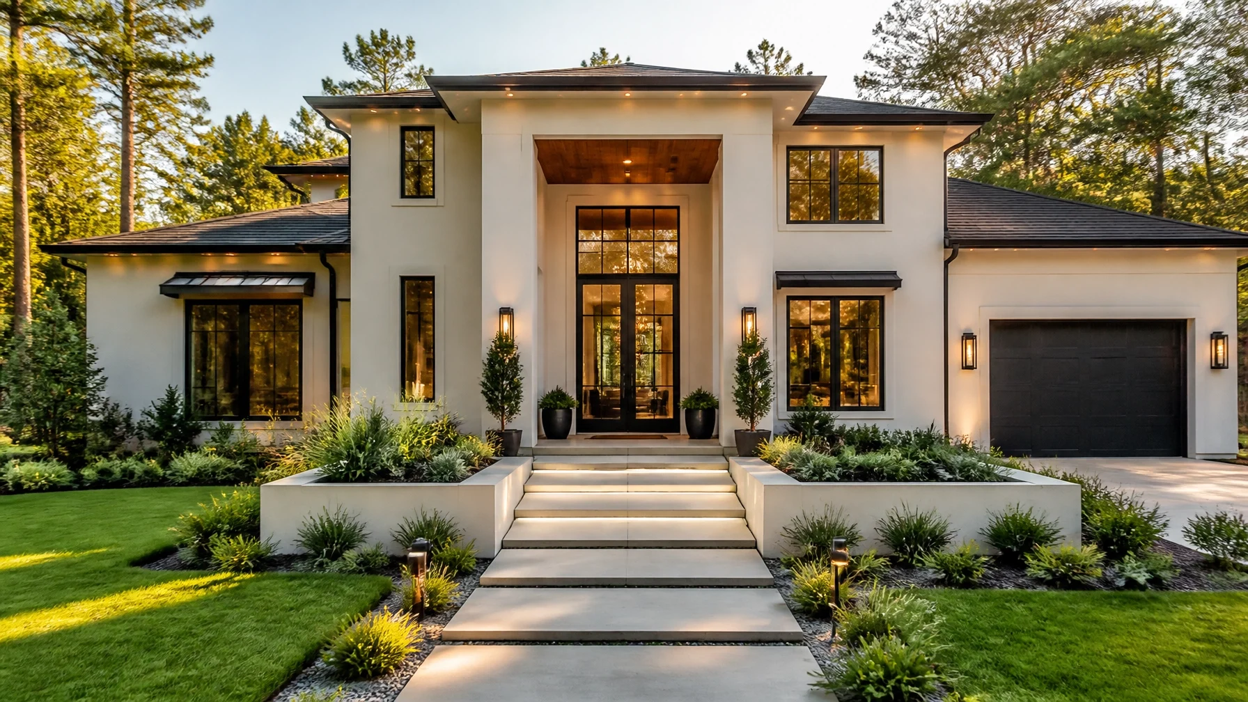 Modern luxury home with white exterior, landscaped front yard, large windows, and inviting entryway