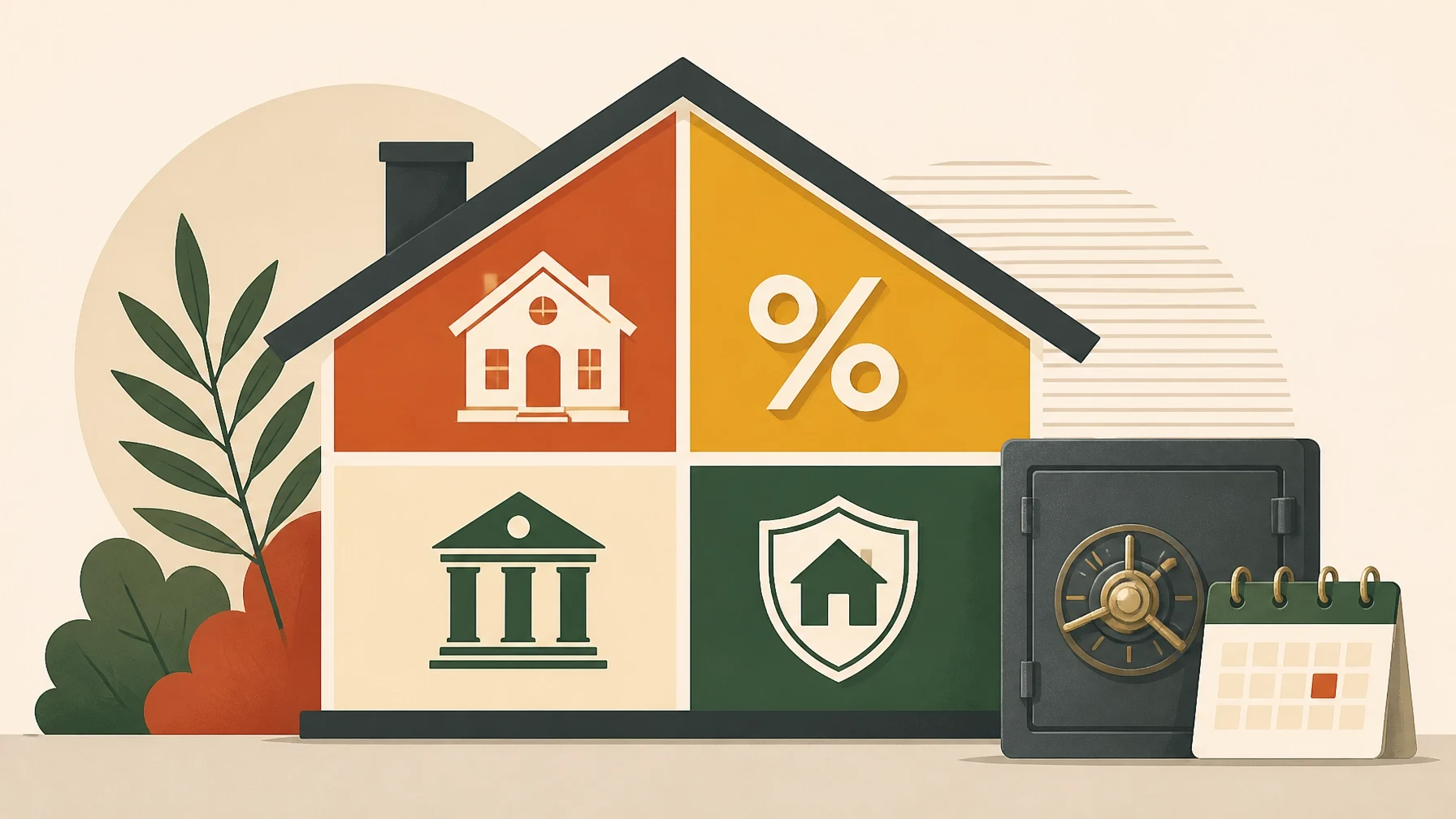 Home financing illustration showing a house, mortgage interest rate symbol, bank, home protection shield, safe, and calendar.