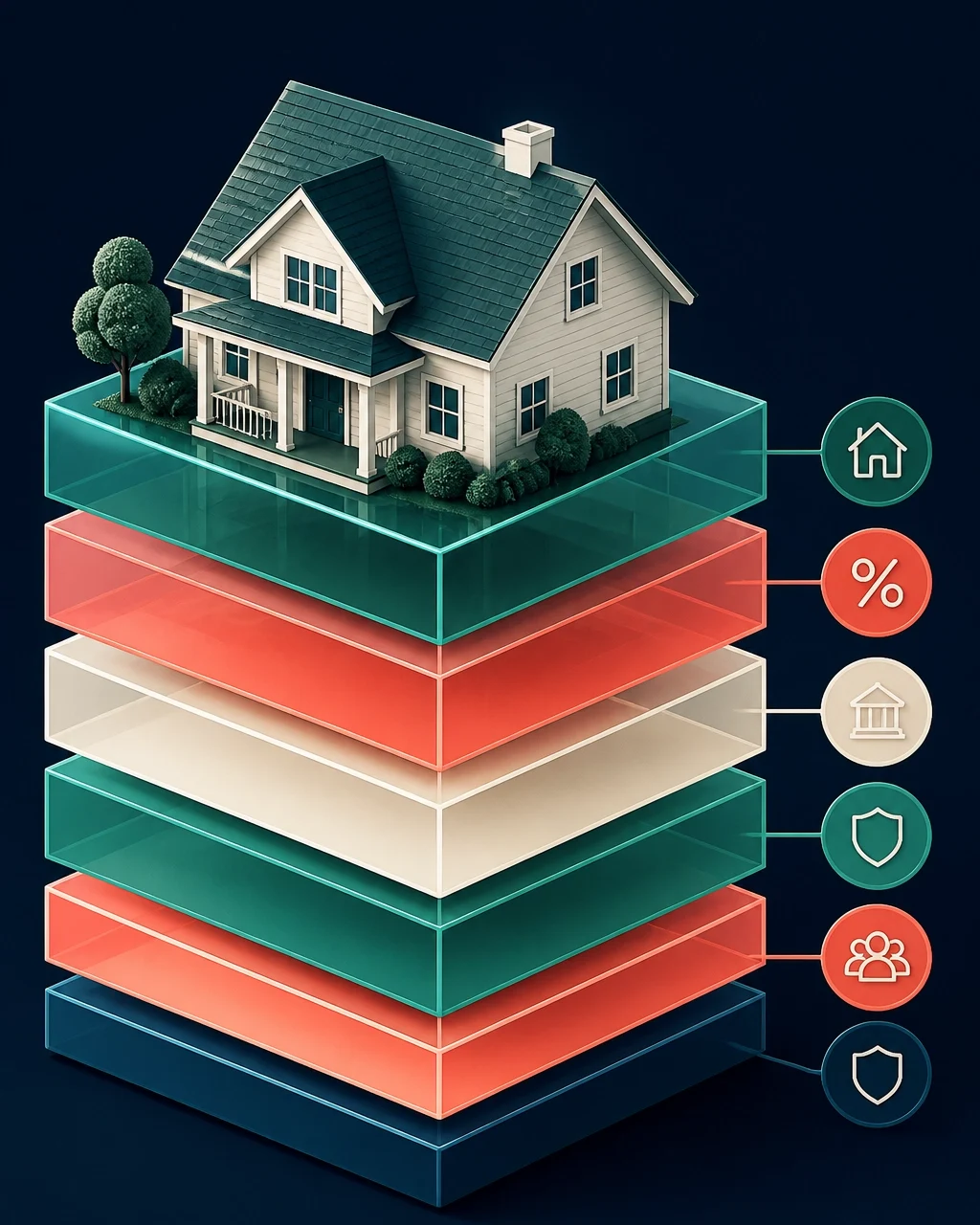 Home mortgage illustration showing a house above layered financing components representing interest rates, banking, protection, and homeownership.