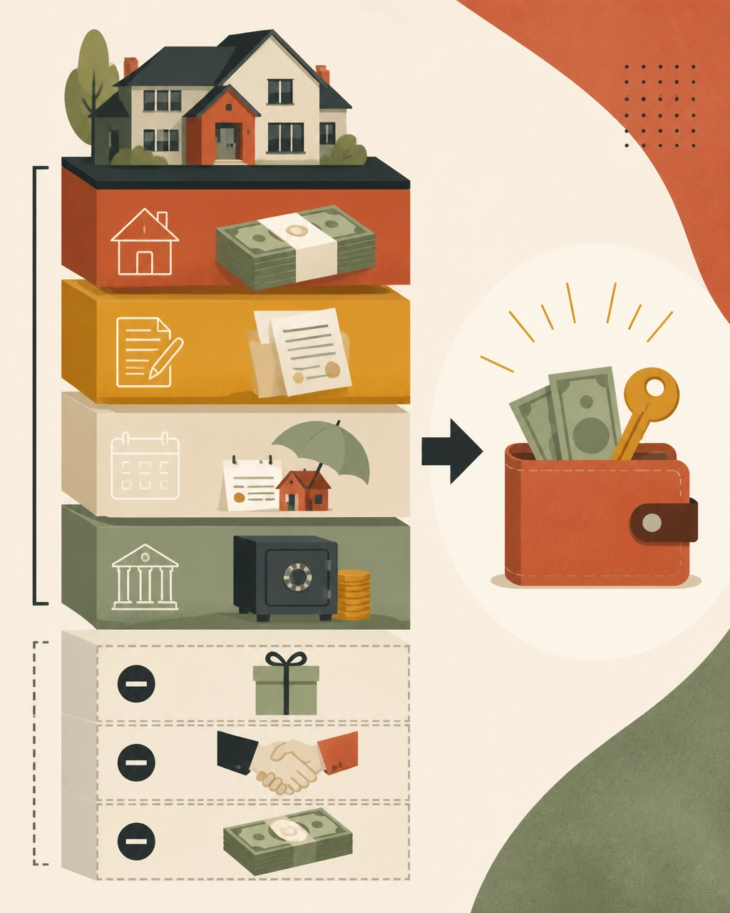 Illustration of homebuying costs, mortgage documents, savings, and financial planning