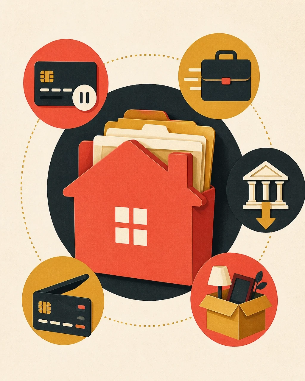 Illustration of home financing and mortgage planning featuring a house, financial documents, credit cards, a briefcase, bank icon, and moving box.