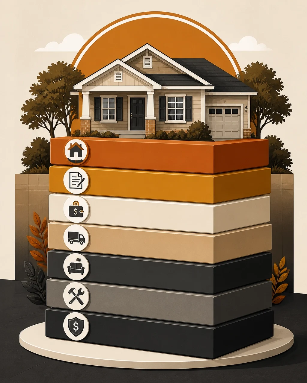 Homeownership costs illustrated with a house and stacked layers representing mortgage, taxes, insurance, moving and maintenance expenses