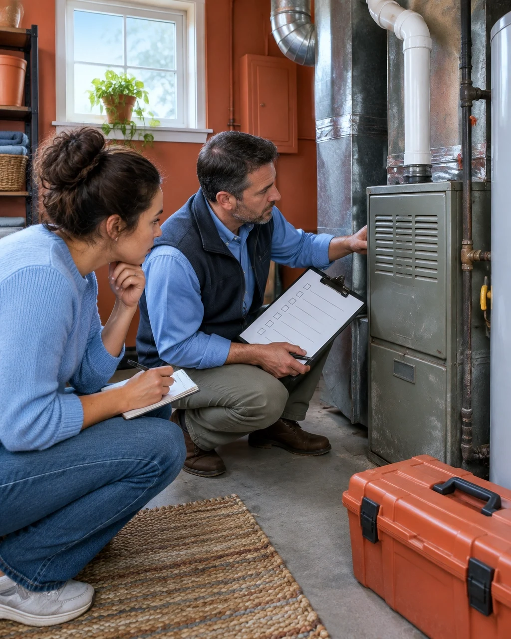 Home inspector examining residential heating system with homeowner during home inspection