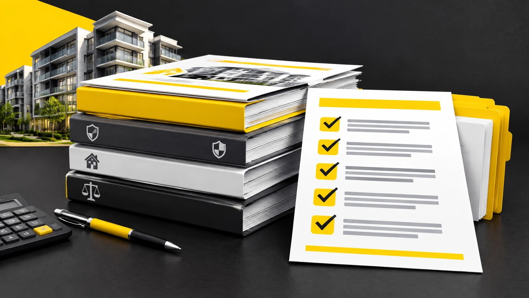Binders and a checklist beside a calculator with a condo building behind, representing condo loan documents