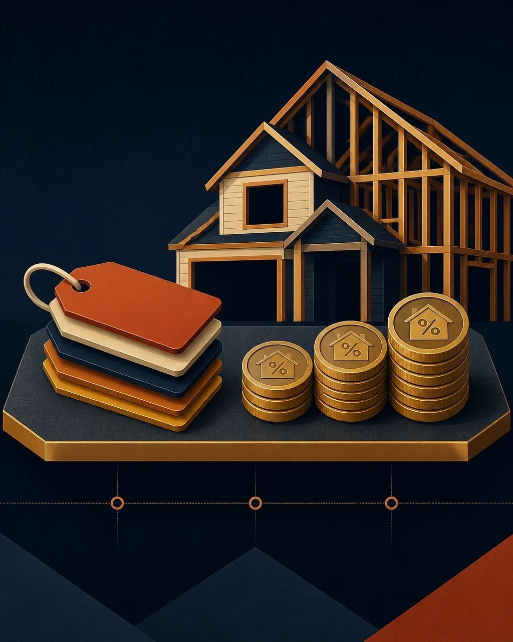 Illustration of a home under construction with price tags and stacked coins representing mortgage rates, home costs, and financing.