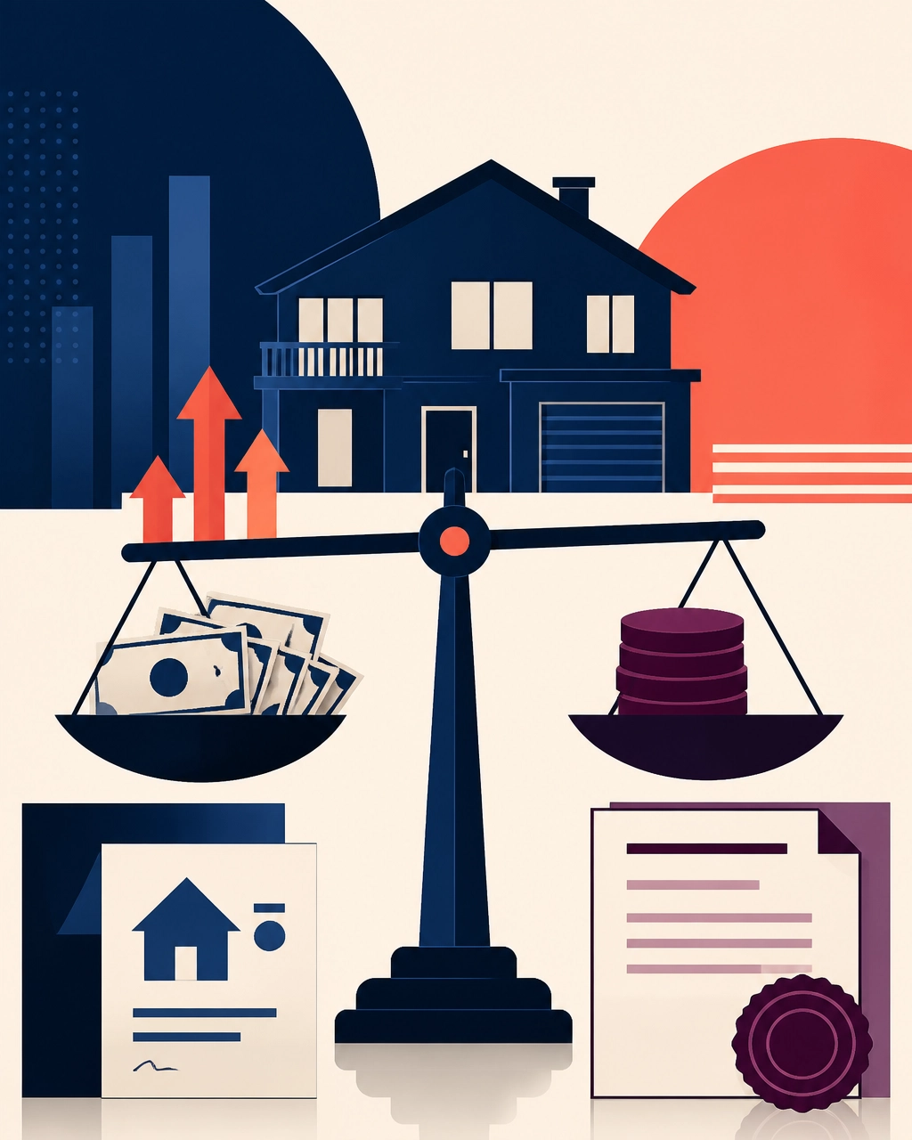 Illustration of a modern home with rising arrows, money, and financial documents representing home value and mortgage affordability.