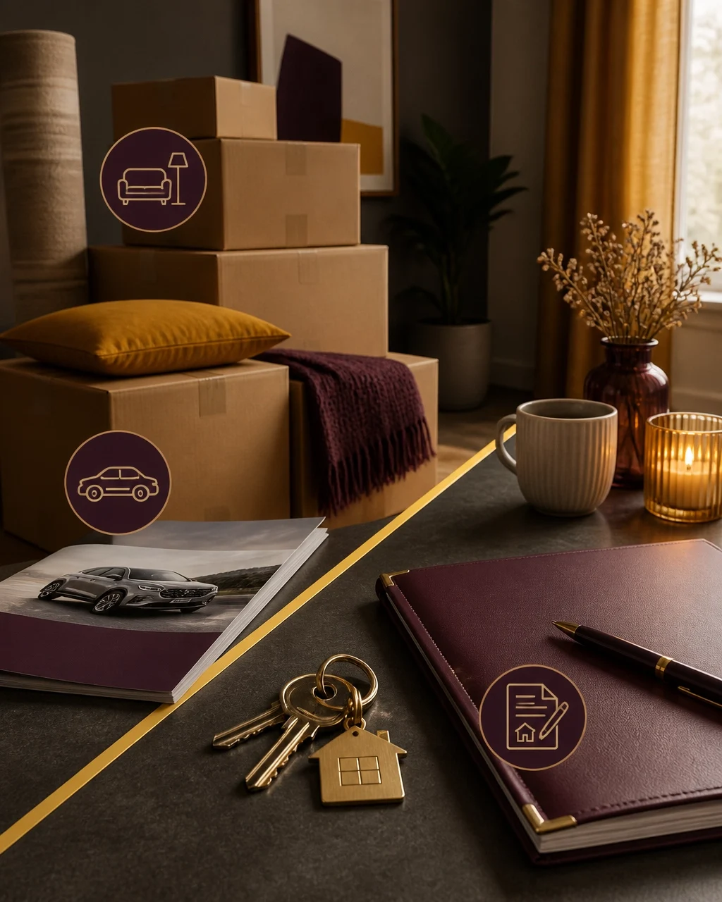 Moving boxes, house keys, and homebuying documents representing the costs and logistics of buying a home and moving.