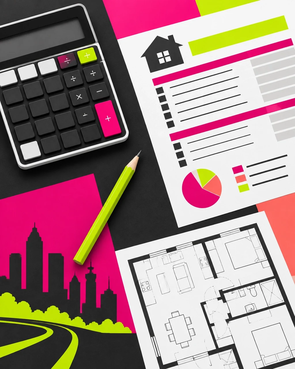 Atlanta real estate and mortgage planning illustration featuring a calculator, home affordability worksheet, floor plan, pencil, and city skyline.
