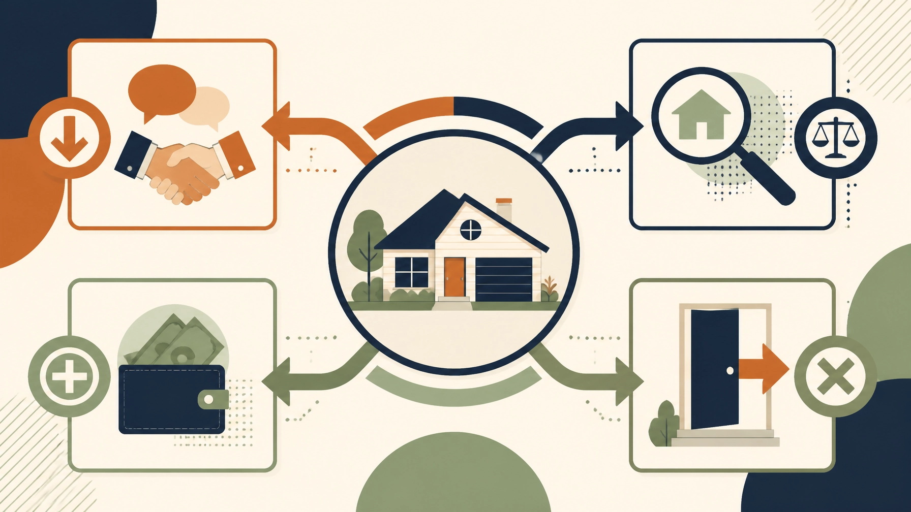 Homebuying process illustration showing a house, lender and buyer collaboration, financial considerations, legal review, and potential obstacles to closing.