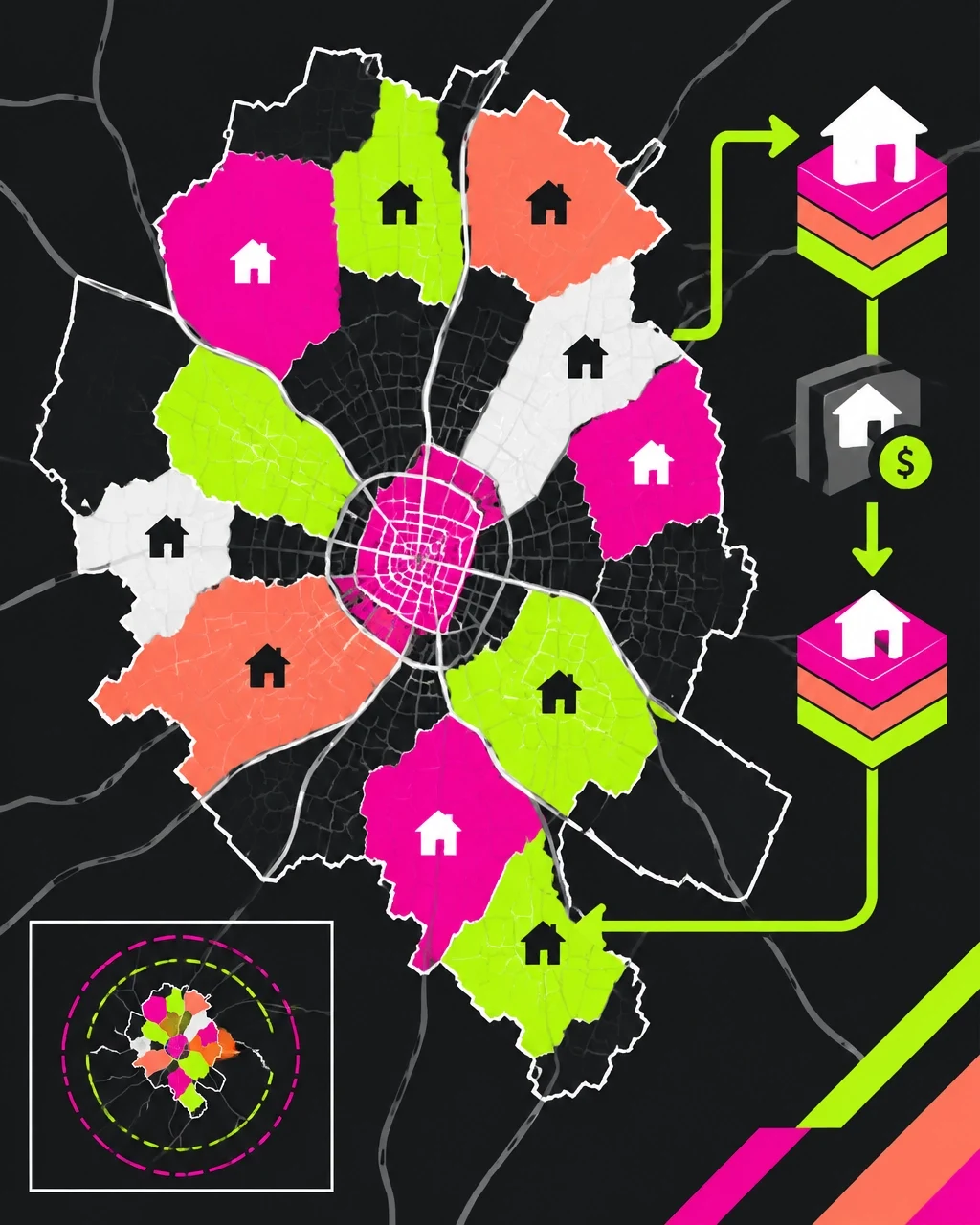 Atlanta real estate market map illustration showing surrounding neighborhoods, home values, property icons, and mortgage financing flow.