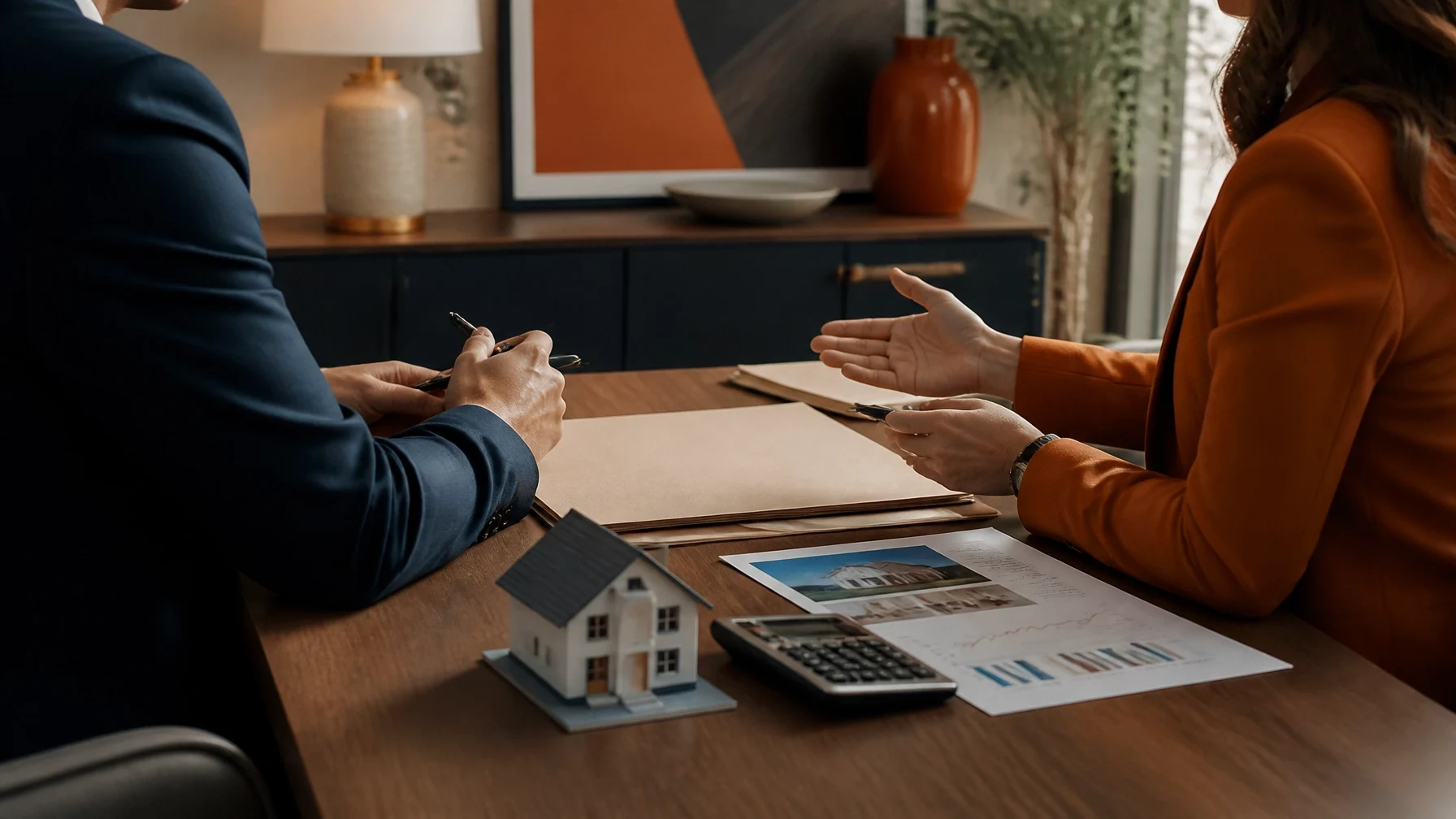 Mortgage consultation between a loan professional and homebuyer reviewing home financing documents, property information, and affordability calculations.