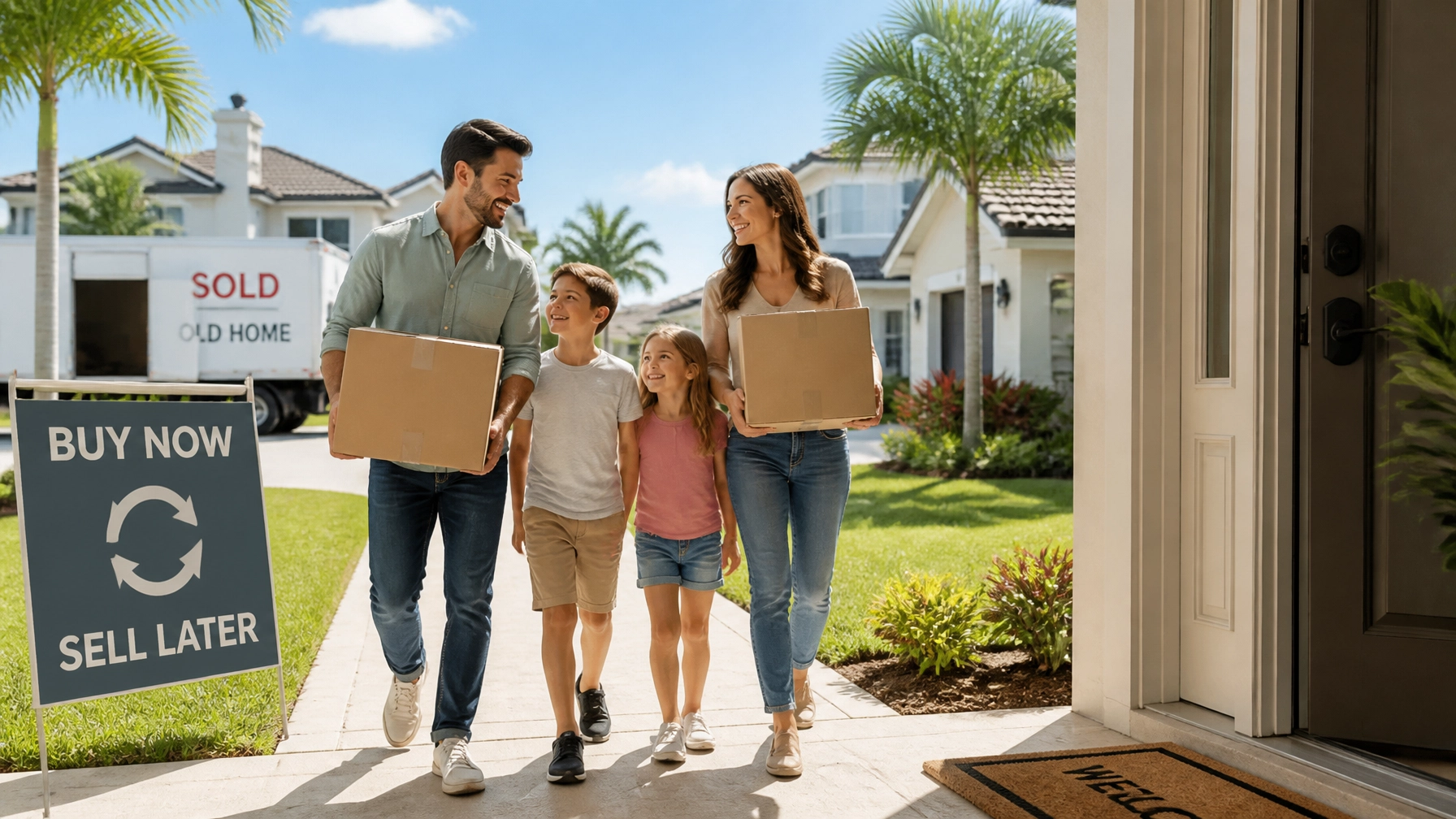 Family carrying moving boxes into a new home with a Buy Now, Sell Later sign, illustrating flexible home buying solutions in a competitive real estate market.