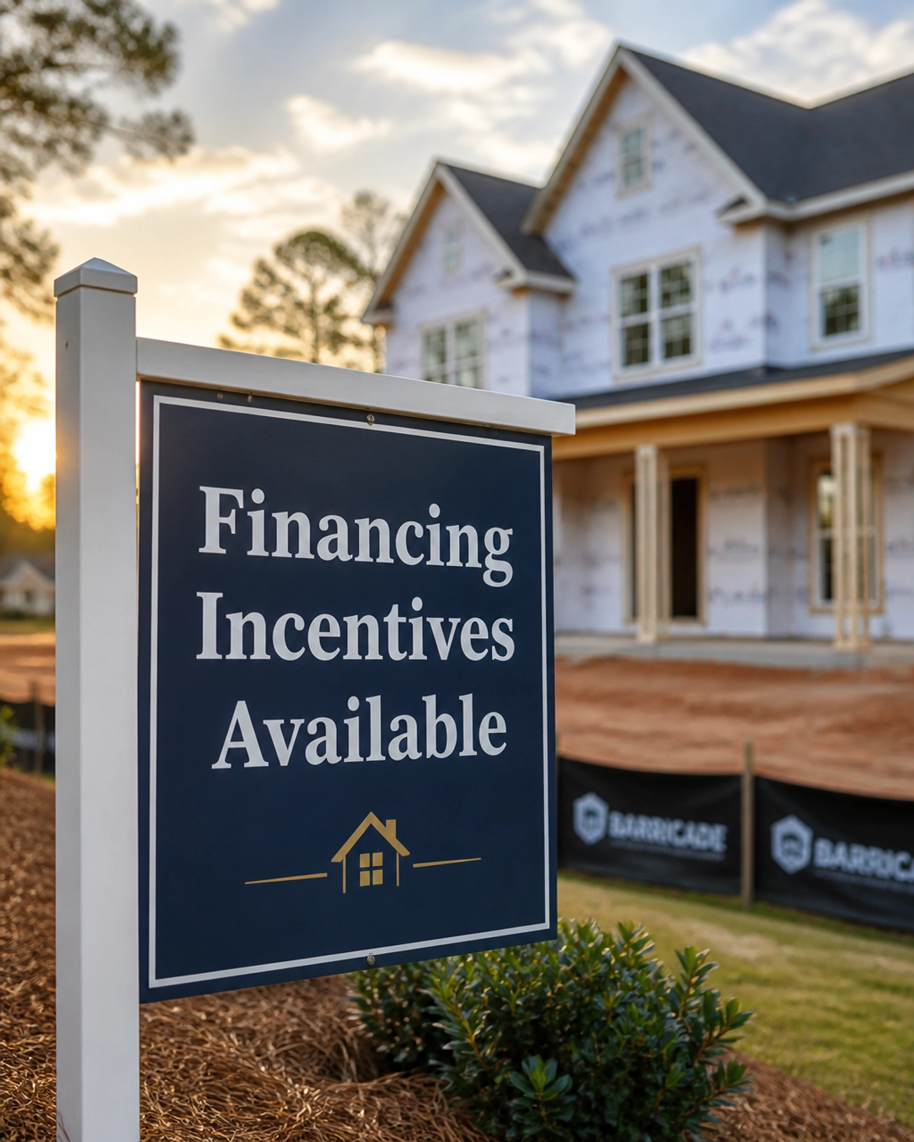 New construction home with a Financing Incentives Available sign, promoting builder incentives, mortgage rate buydowns, and homebuyer financing opportunities.
