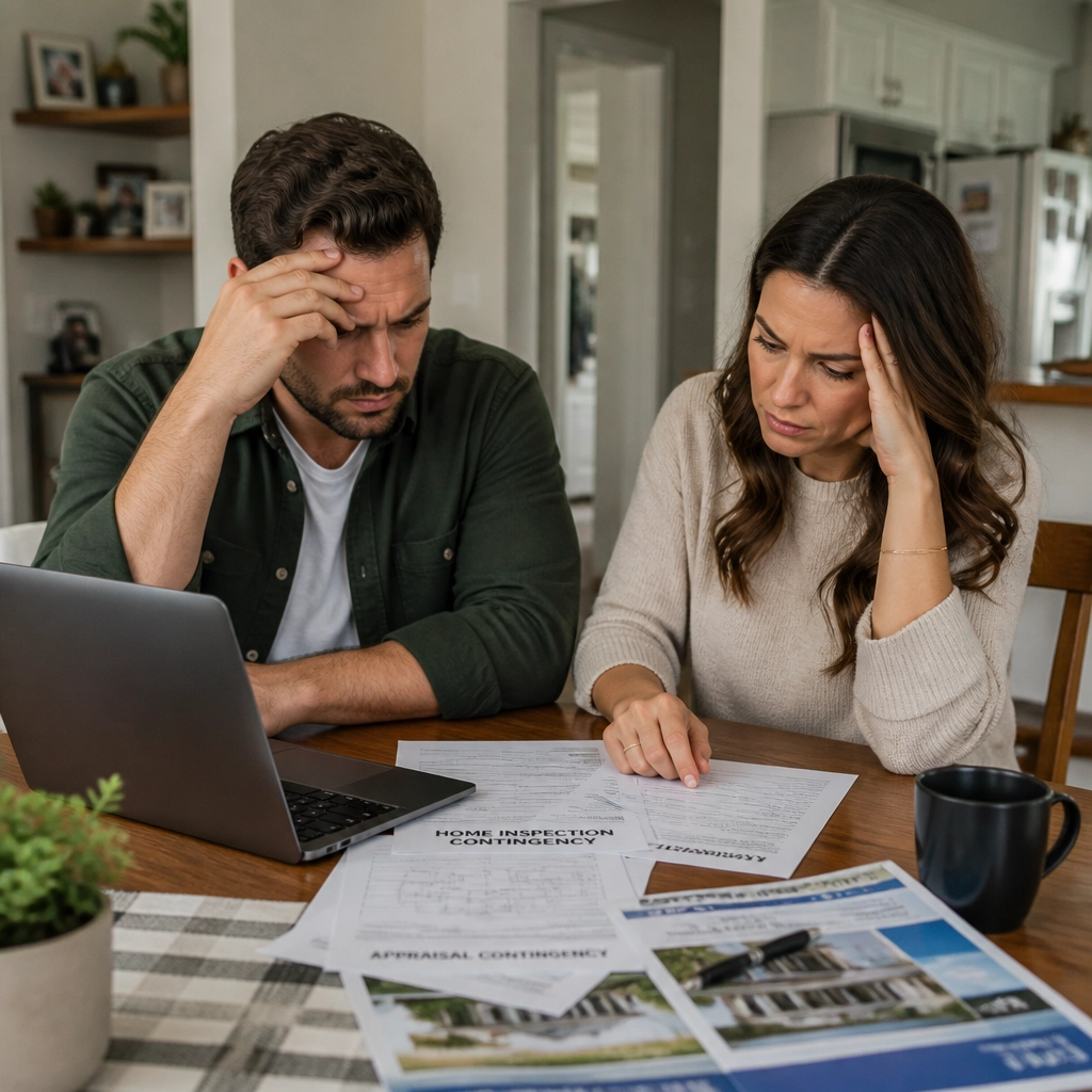 Concerned couple reviewing home purchase documents, inspection reports, and mortgage paperwork at their kitchen table, illustrating the challenges and decision-making process of buying a home.