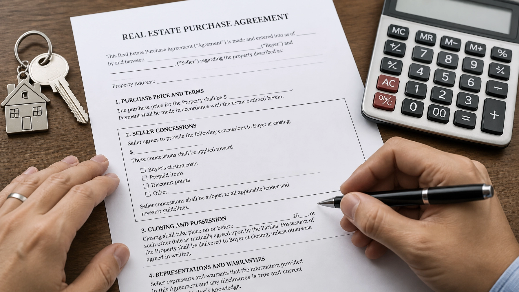 Home purchase agreement with calculator and house keys illustrating seller concessions and mortgage financing.