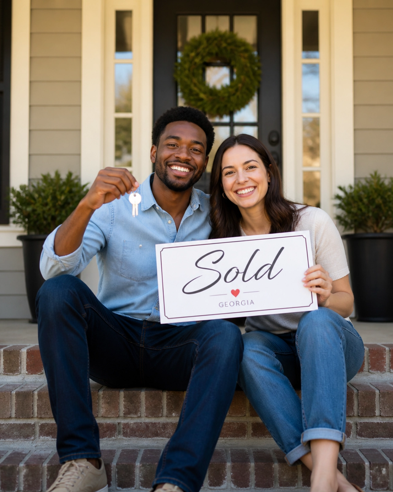 Happy first-time homebuyers holding house keys and a sold sign outside their new home in Georgia.
