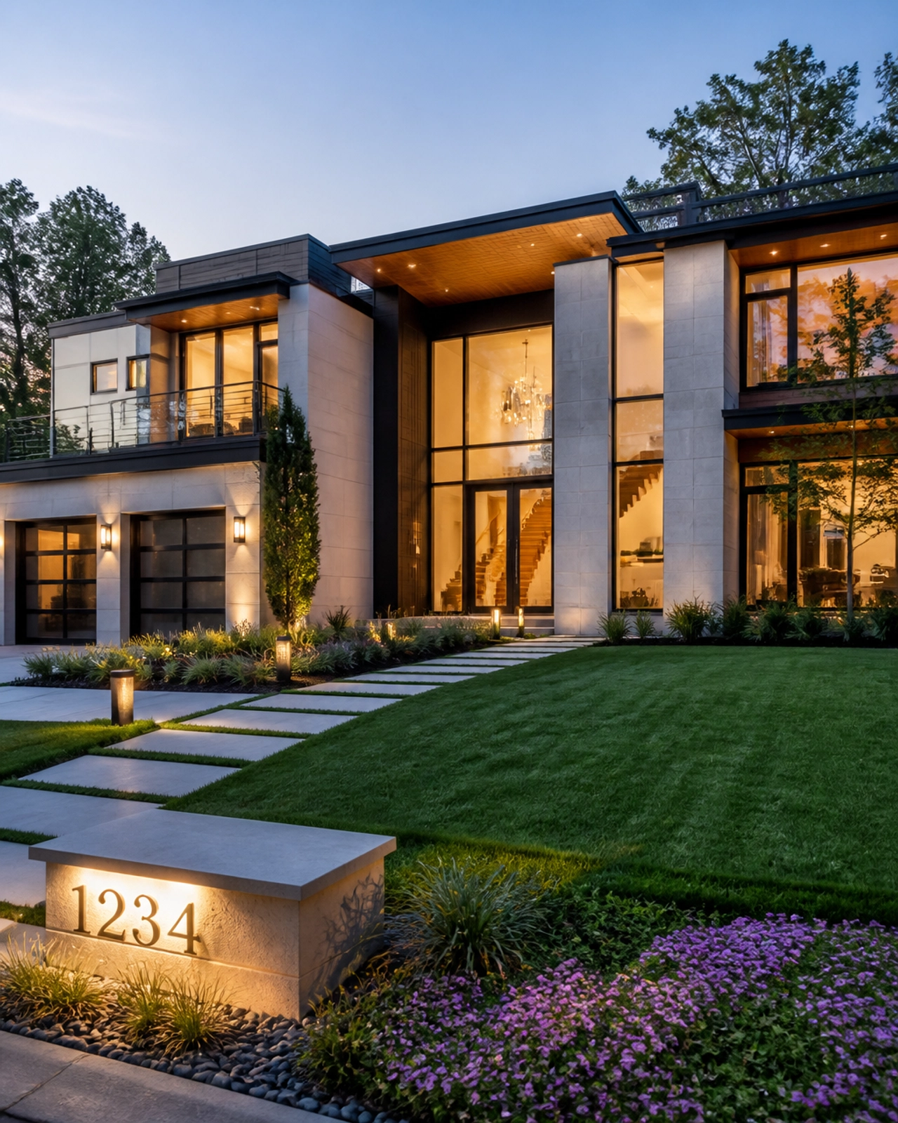 Luxury modern home with contemporary architecture, landscaped yard, and illuminated exterior at dusk.
