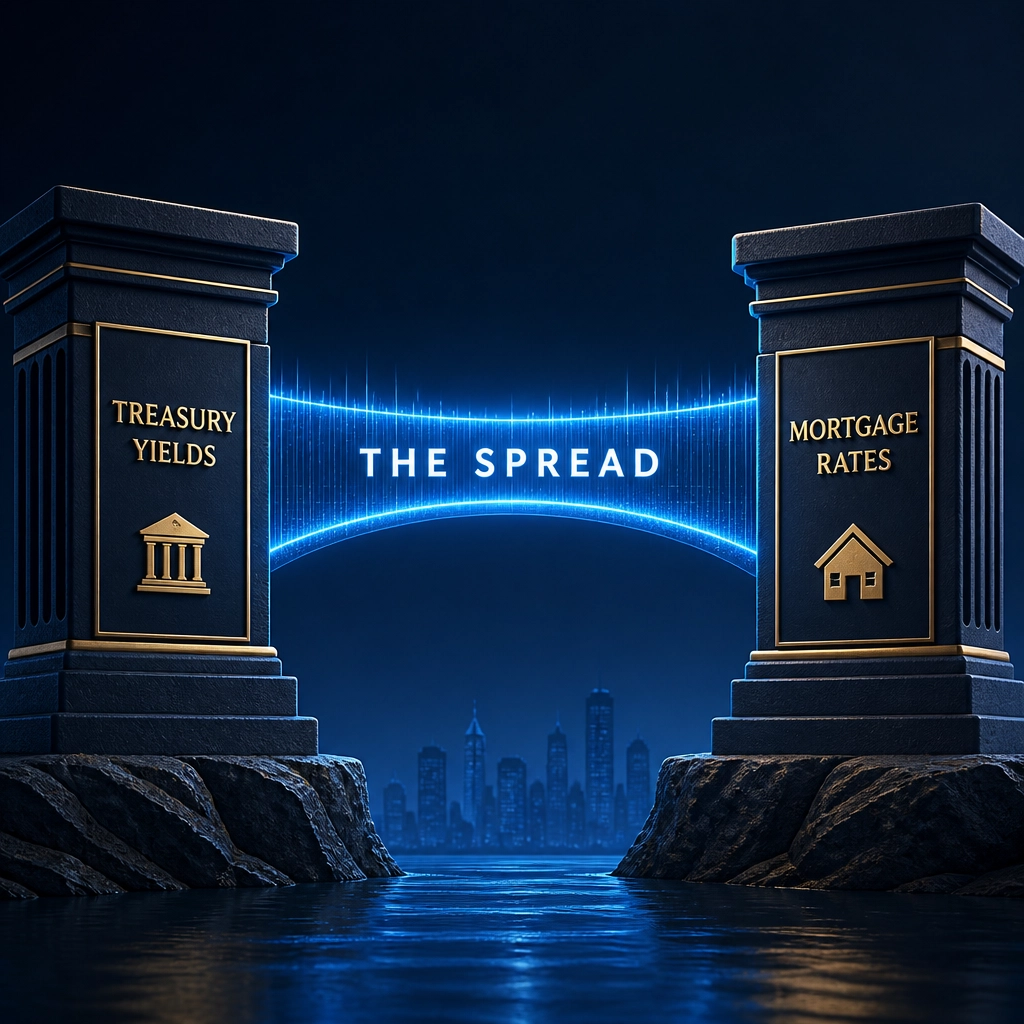 Illustration showing the relationship between Treasury yields and mortgage rates with a visual spread concept for mortgage market analysis.