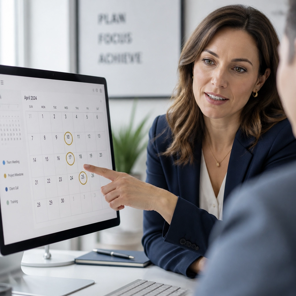 Mortgage loan officer meeting with a homebuyer, reviewing a calendar and discussing loan timeline, closing dates, and the home financing process.