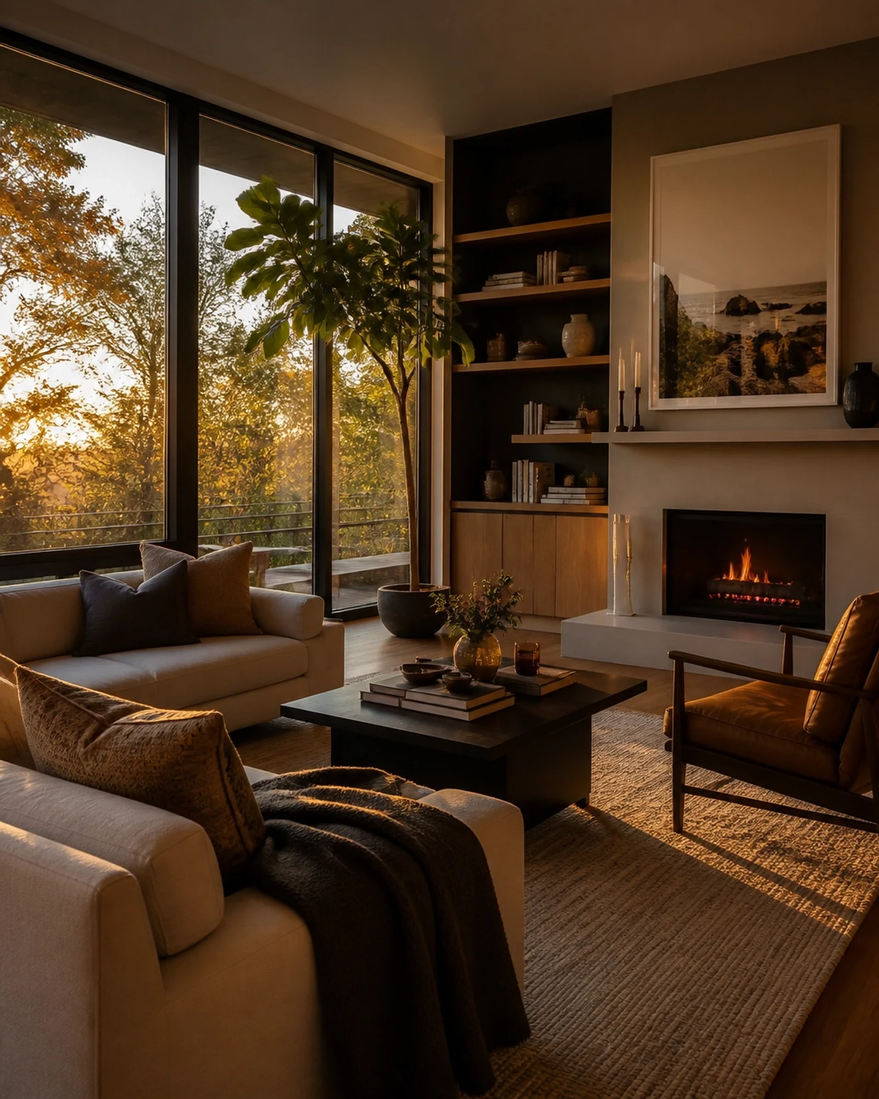 Warm, modern living room with a fireplace, large windows, and stylish furnishings, showcasing a cozy luxury home interior at sunset.