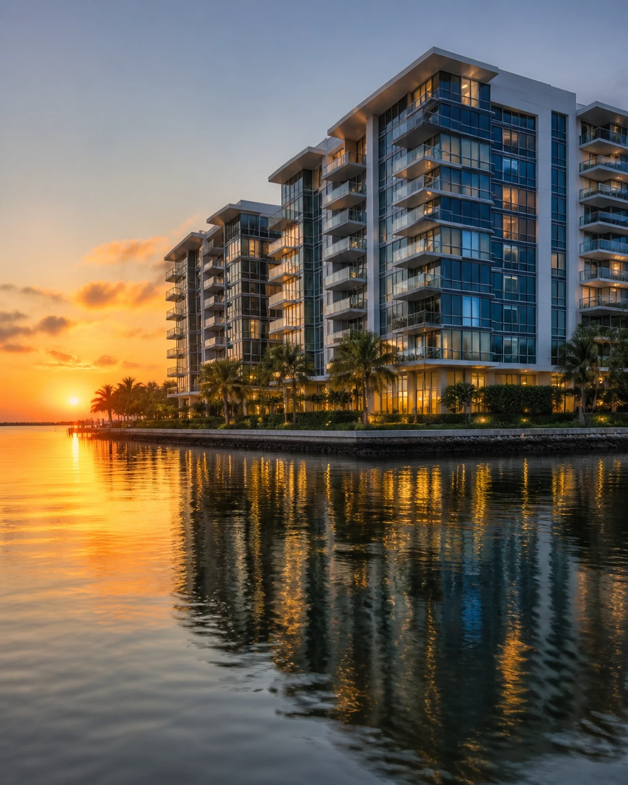 Modern luxury waterfront condominium buildings at sunset with reflections on the water, representing upscale real estate, coastal living, and premium condo developments.
