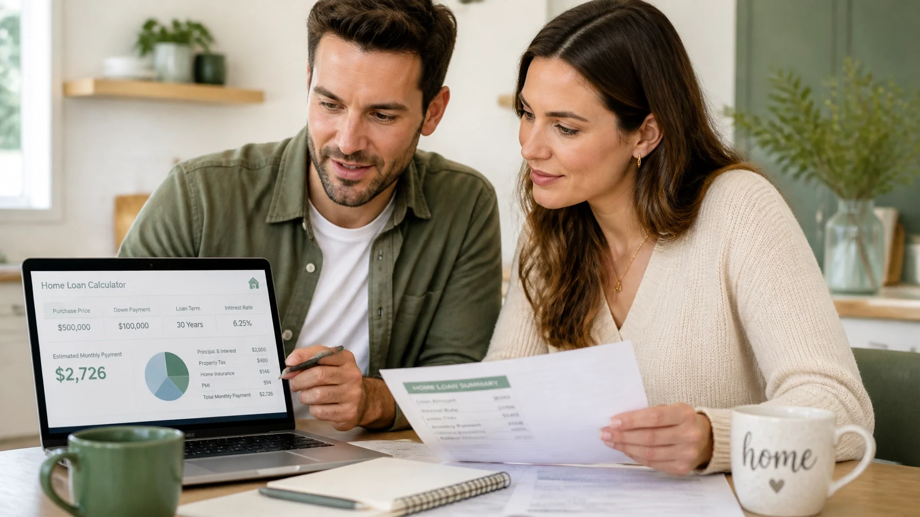 Couple comparing mortgage loan options and monthly payment estimates
