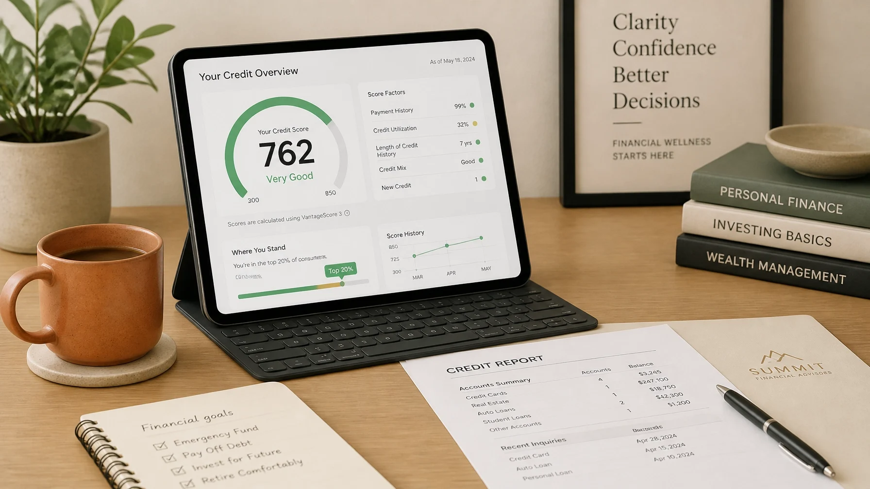 Digital credit score dashboard displaying a very good credit score alongside a credit report and financial planning documents for mortgage readiness.