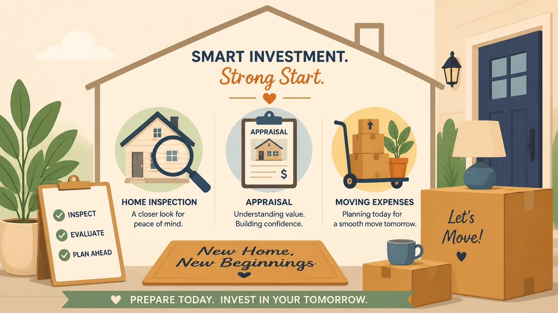 Illustration highlighting important home buying expenses, including home inspection, appraisal, and moving costs to help buyers prepare for homeownership.