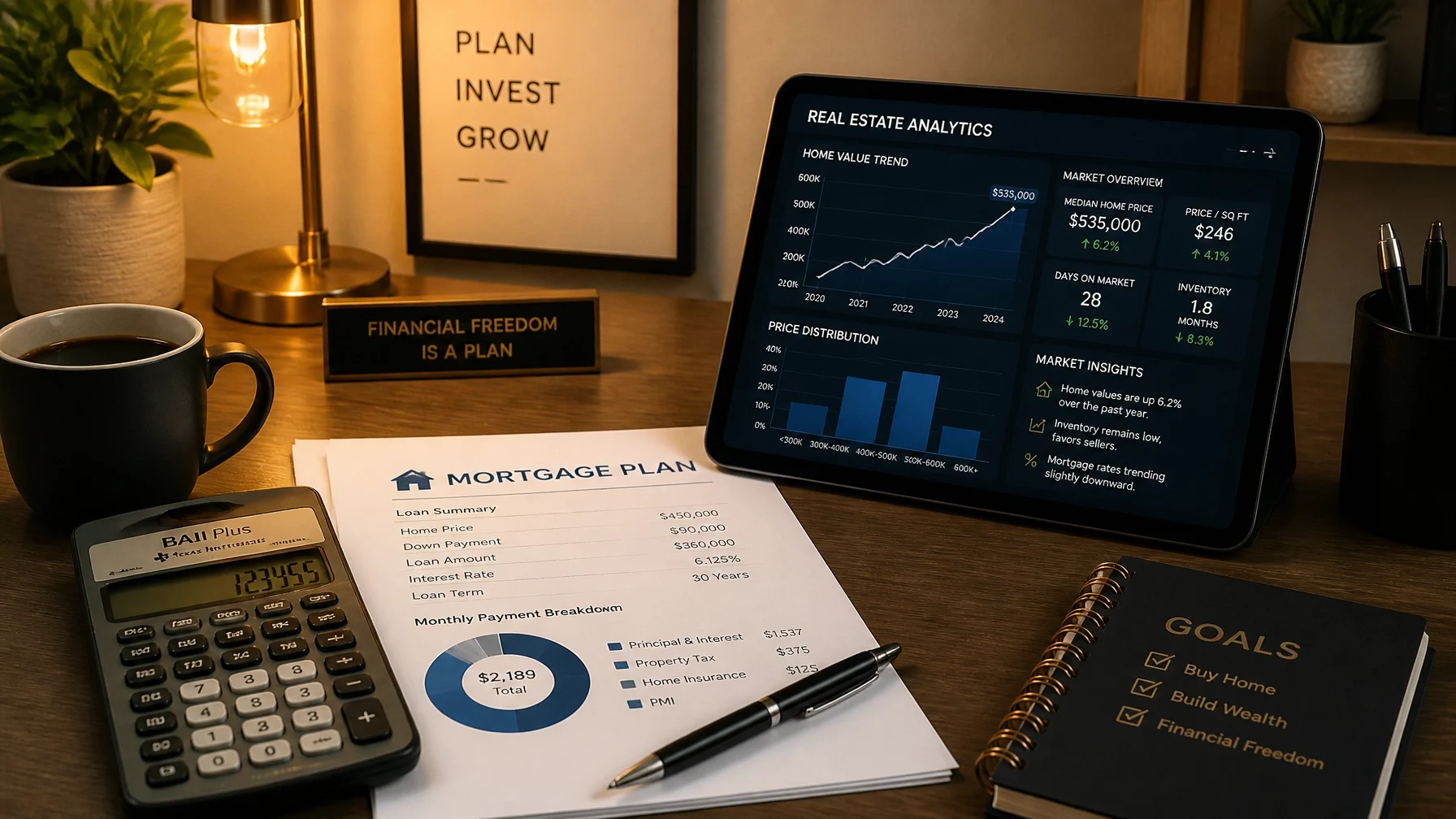 Mortgage planning workspace with real estate analytics, home value trends, loan payment breakdown, and financial goals