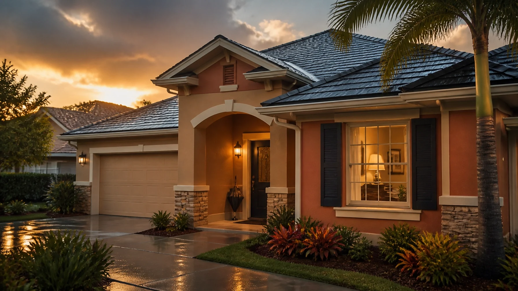 suburban home at sunset with palm trees, landscaped yard, and illuminated entryway.