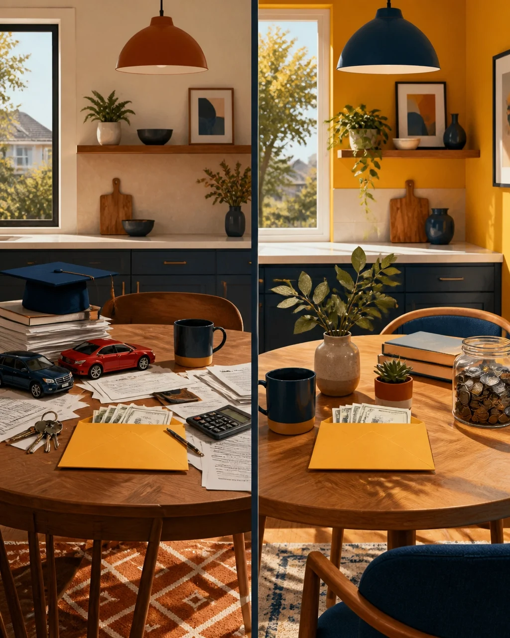 Home renovation comparison showing a kitchen before and after improvements with home financing documents, money, keys, and household expenses.