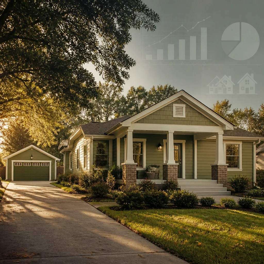 Suburban single-family home with financial market charts illustrating housing market trends and home values.