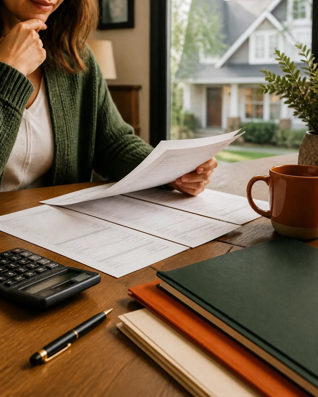 Woman reviewing mortgage documents at home with calculator and house visible through window