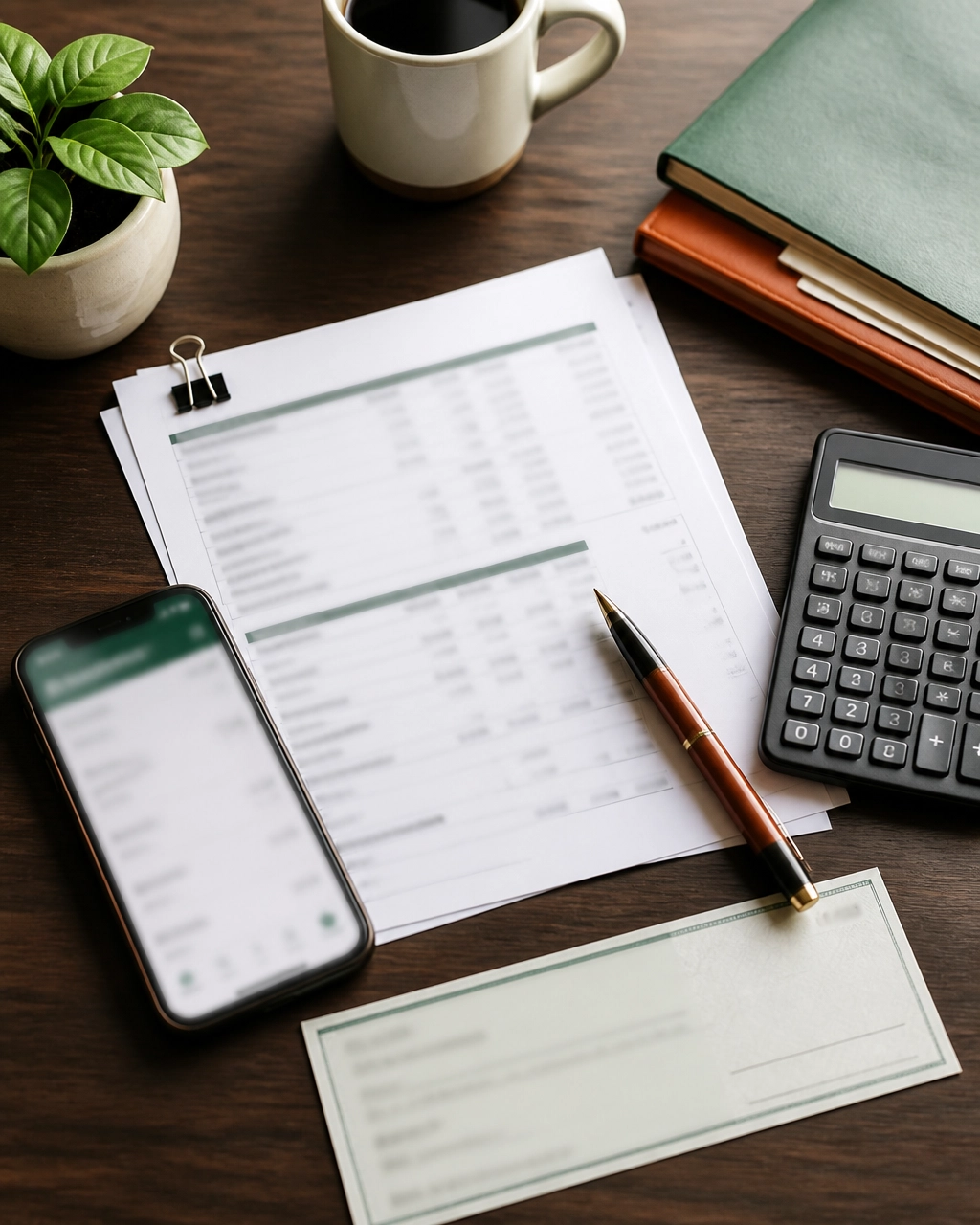 Mortgage and home financing documents on a desk with a calculator, smartphone, check, pen, coffee, and financial paperwork.