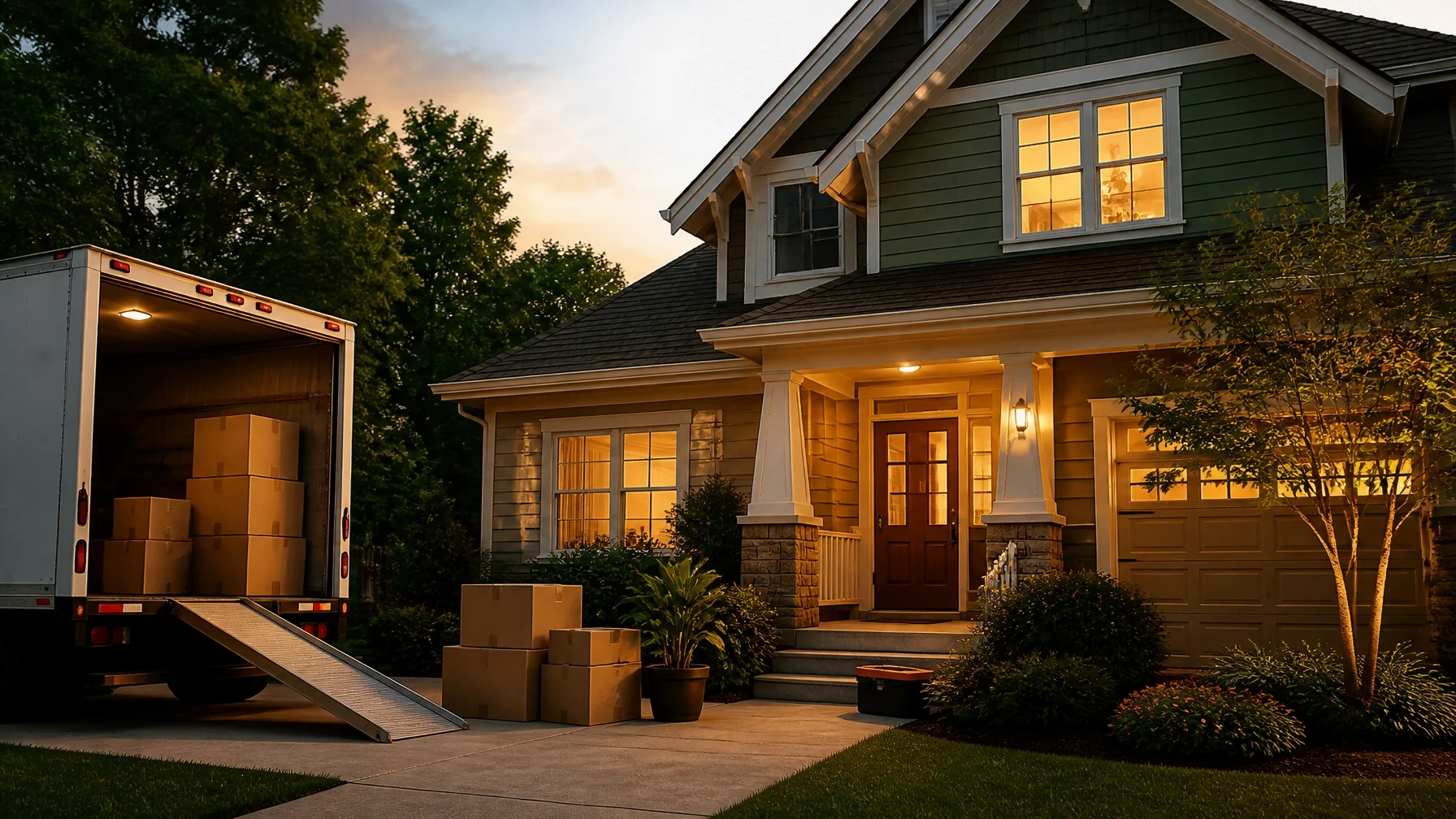 Homeowner moving into a new house with moving truck and boxes outside the home
