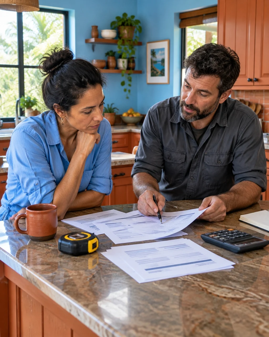 Couple reviewing home inspection documents and discussing property details in kitchen