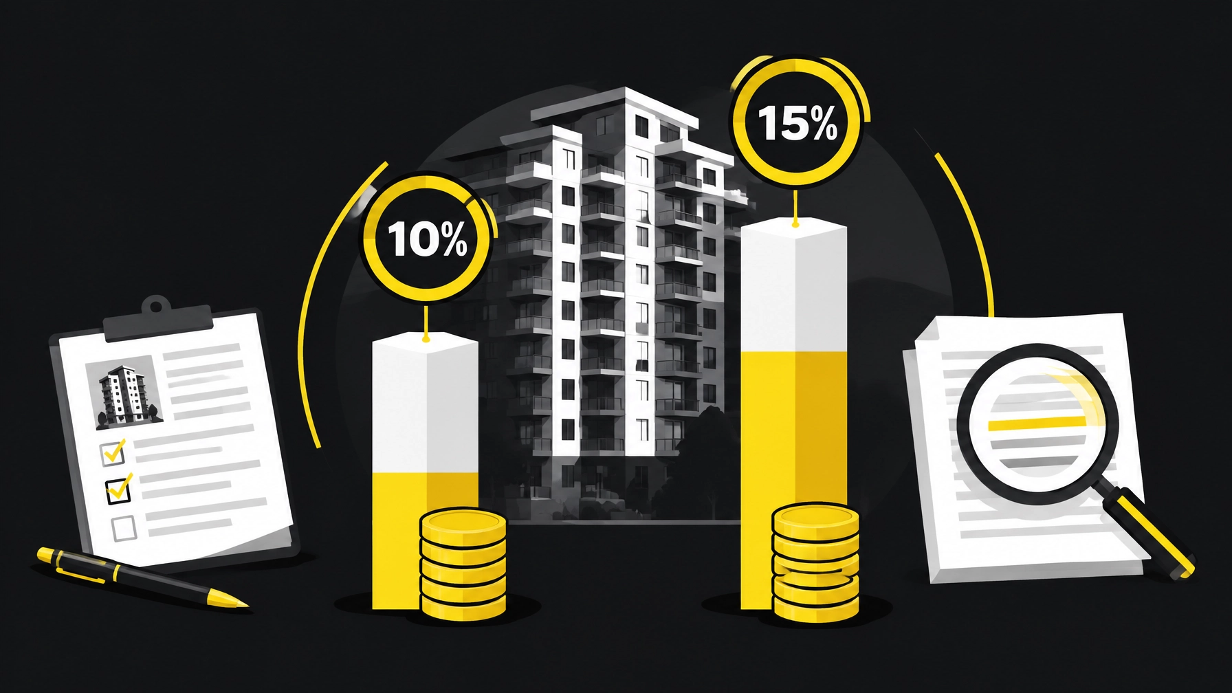 Condo building with 10% and 15% down payment graphs, coins, a checklist, and a document under a magnifying glass