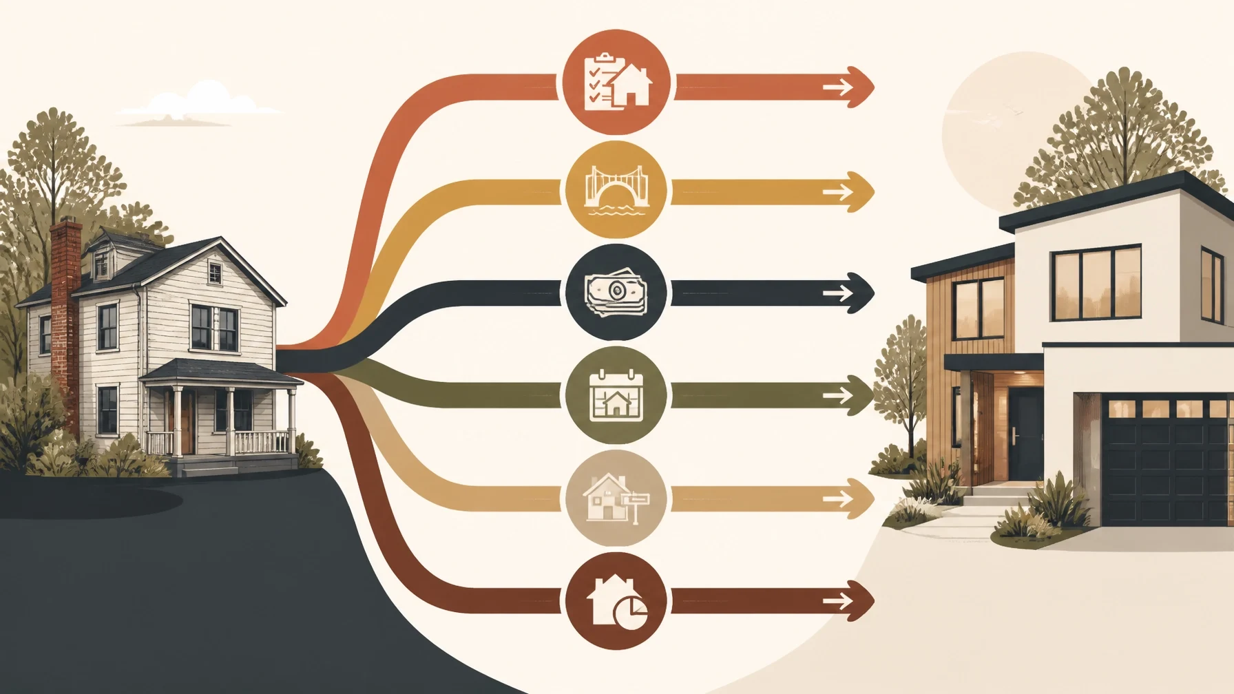 Homeownership roadmap illustrating different paths from an existing home to a new property, including selling, financing, moving, and timing considerations.