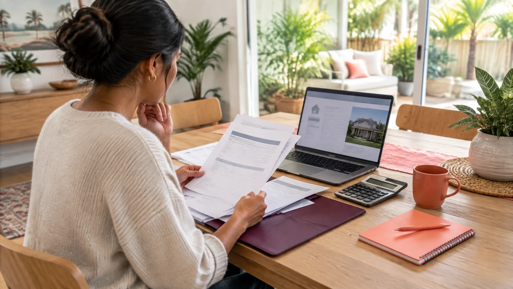 Woman reviewing home buying documents, mortgage paperwork, and a property listing on a laptop at home.
