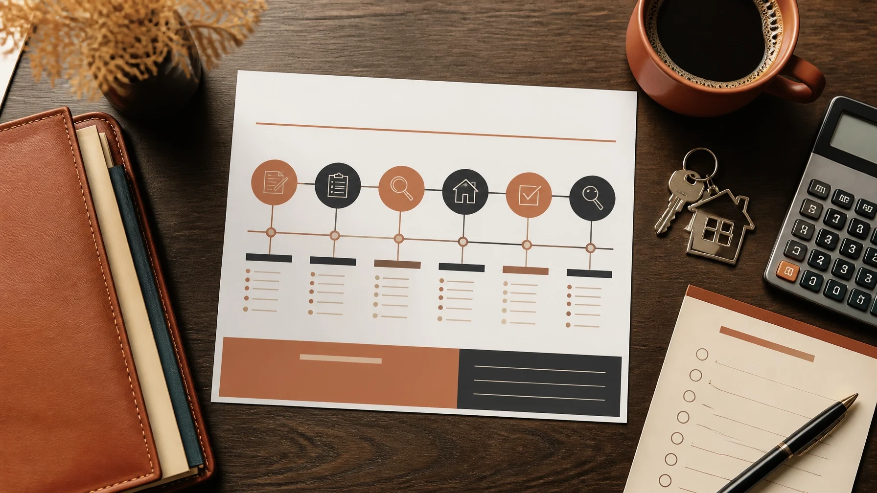 Homebuying timeline checklist showing key steps from mortgage planning and home search to closing and receiving the keys.
