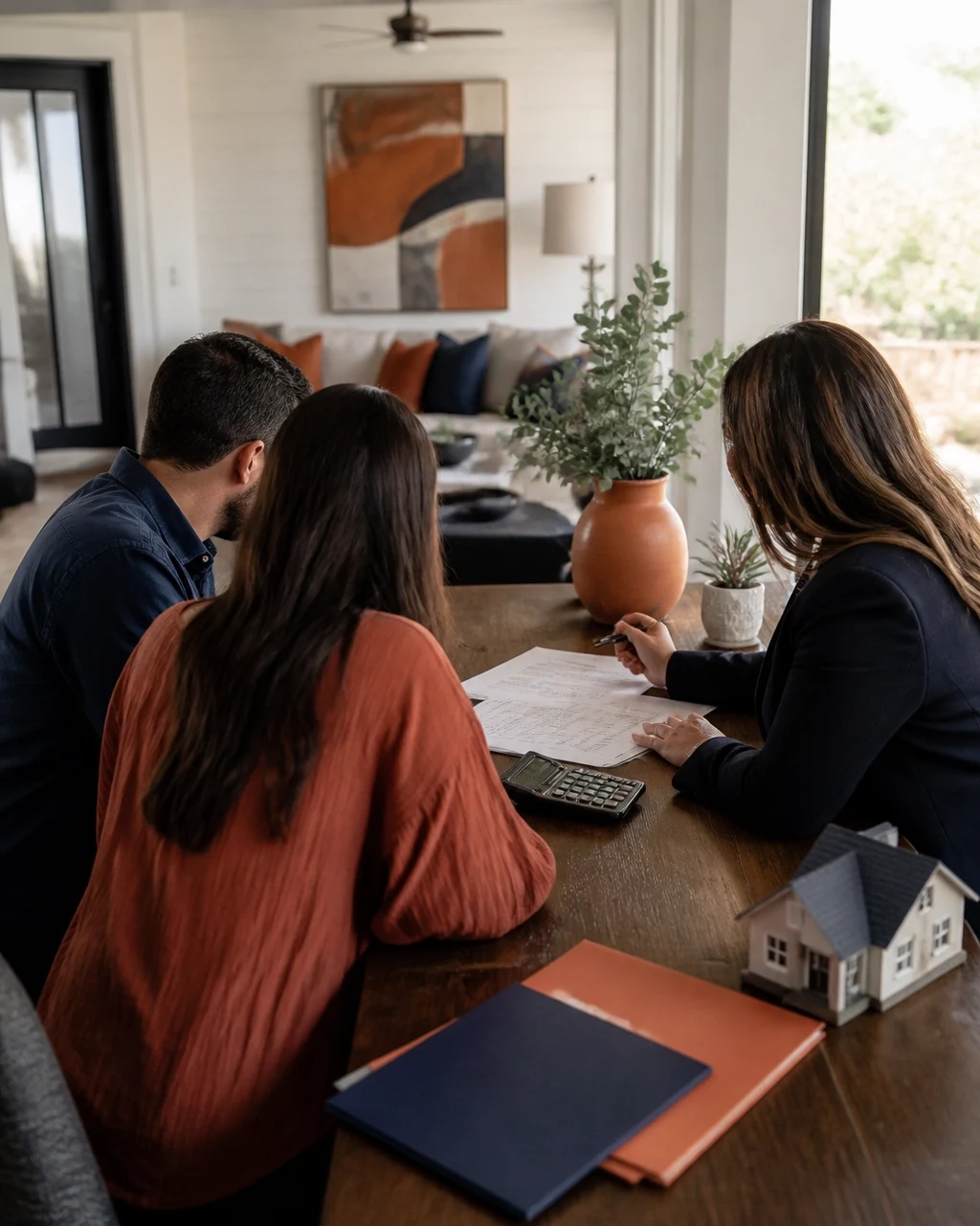 Homebuyers meeting with a mortgage professional to review financing documents, affordability, and home purchase details.