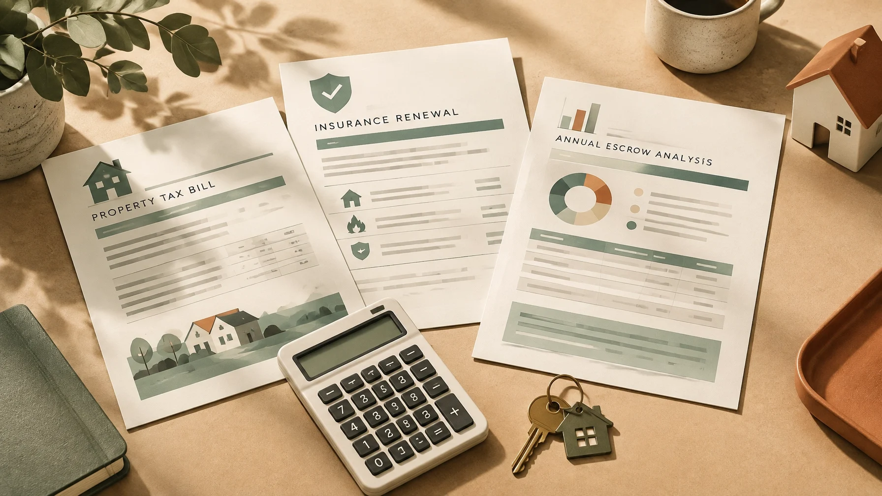 Property tax bill, homeowners insurance renewal, and annual escrow analysis documents laid out on a desk with a calculator, house keys, and a small model house