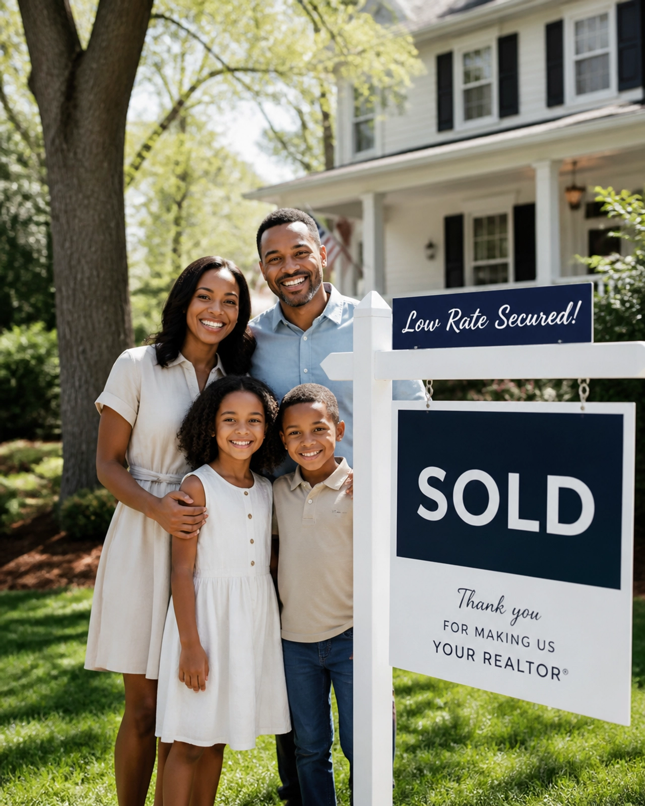 Happy family standing in front of their new home with a sold sign after securing a lower mortgage rate.