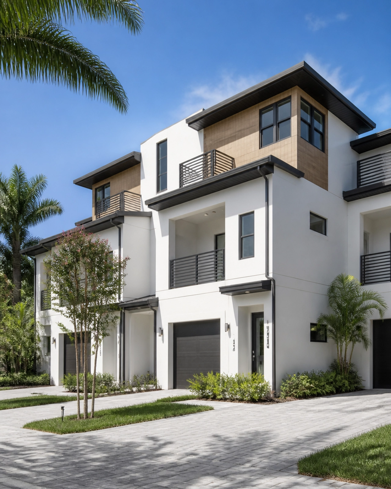 Modern three-story townhomes with contemporary architecture, private balconies, and attached garages.