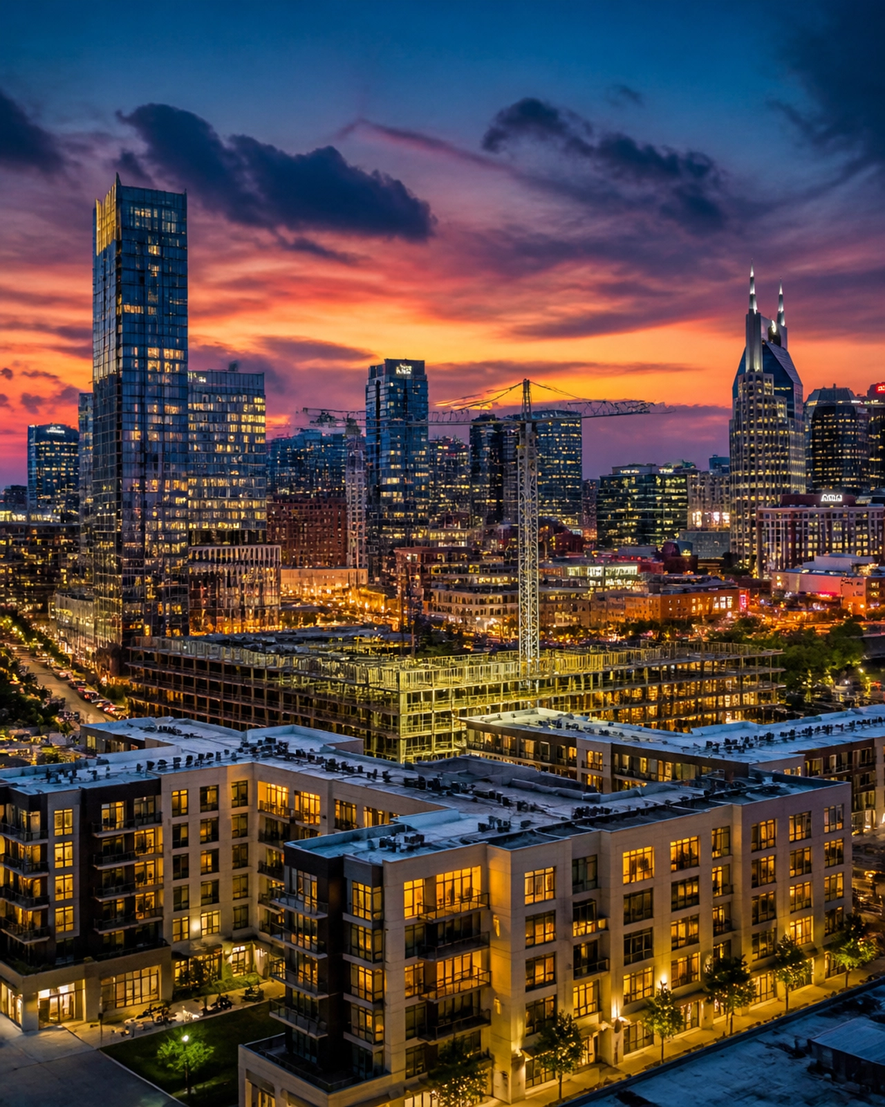 Nashville skyline at sunset with luxury condos and modern urban real estate developments.