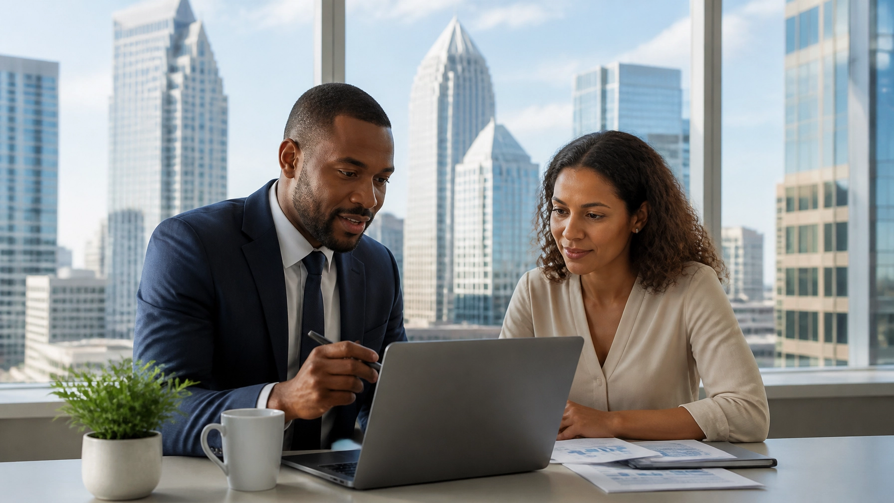 Mortgage advisor meeting with a homebuyer in a modern Atlanta office, reviewing home financing options and loan documents on a laptop.